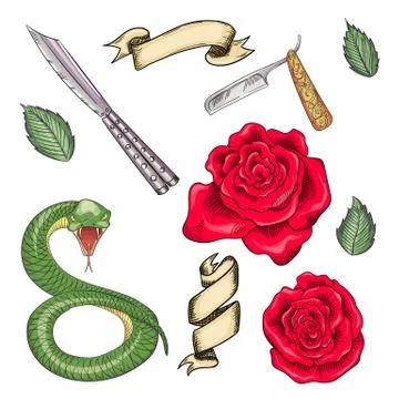 Set of elements for tattoos or stickers, prints in the old school style 스톡 일러스트