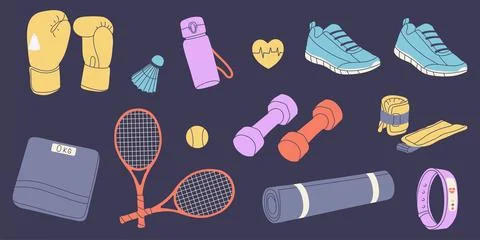 Set of elements for training in the gym. Yoga mat, boxing gloves, dumbbells,  Illustrazione stock