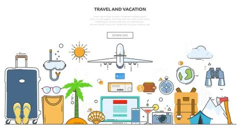A set of elements for travel and vacations. Stock Illustration