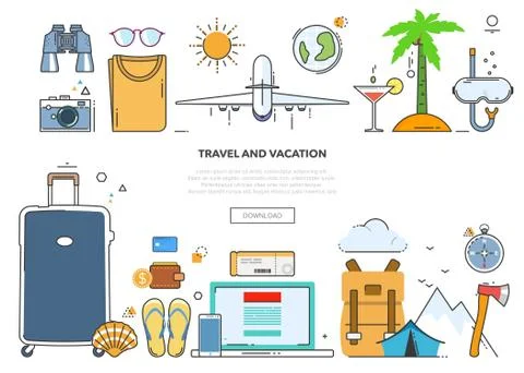 A set of elements for travel and vacations. Stock Illustration