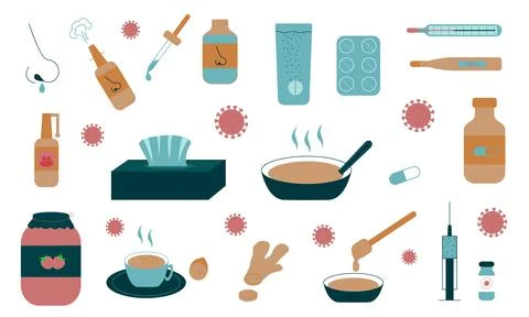 Set of elements for the treatment and prevention of colds and flu. Flat style Illustrazione stock