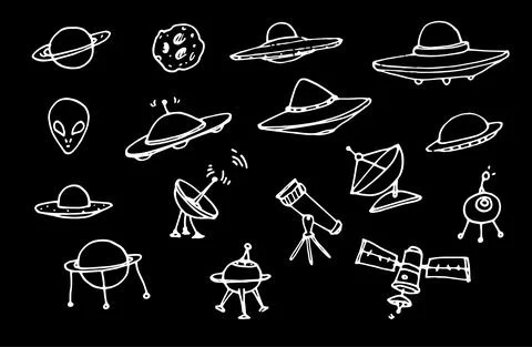 A set of elements of UFOs and space. hand-drawn doodle in the style of an 스톡 일러스트
