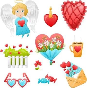 Set of elements for Valentine's Day, an angel with wings, a heart and a bouquet Illustrazione stock