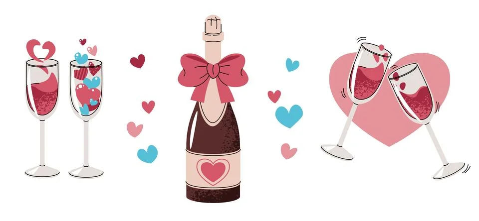 Set of elements for Valentine's day in flat cartoon style. Cute stickers on i Stock Illustration