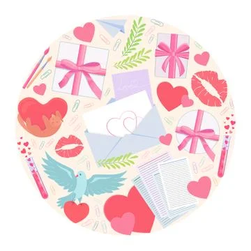 A set of elements for Valentine's Day placed in a circle Stock Illustration