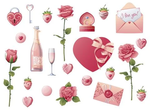 Set of elements for Valentine's Day, wedding. Clip art for holiday cards, b.. Illustrazione stock