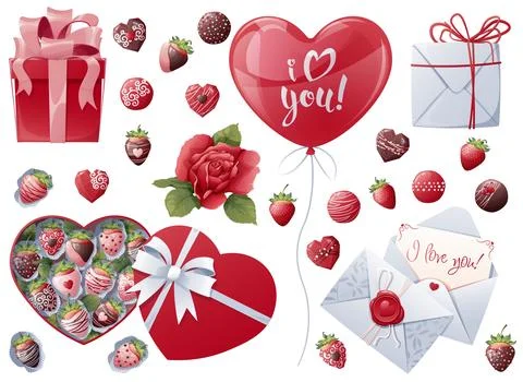 Set of elements for Valentine's Day, wedding. Clip art for holiday cards, b.. Stock Illustration