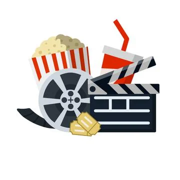 Set of elements for viewing the movie. Reel with film Illustrazione stock