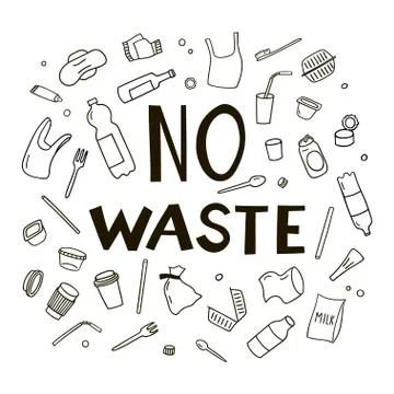 Set of elements of waste in doodle style. Stock Illustration