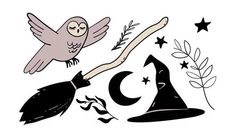 A set of elements for the witch. Magic broom, owl, witch hat. Flat vector Stock Illustration