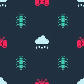 Set Elephant, Cloud with rain and Centipede insect on seamless pattern. Vecto Illustrazione stock