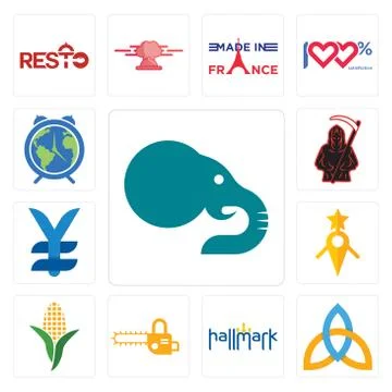 Set of elephant, holy trinity, hallmark, chainsaw, corn stalk, guidestar, jap Free Stock Illustration