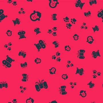Set Elephant, Monkey, Hippo or Hippopotamus and Paw print on seamless pattern Stockillustratie