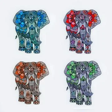 Set of elephant sketches with floral patterns on a white background. Stock Illustration