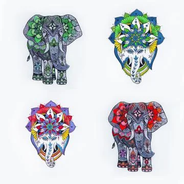 Set of elephant sketches with floral patterns and mandala on a white background. 스톡 일러스트