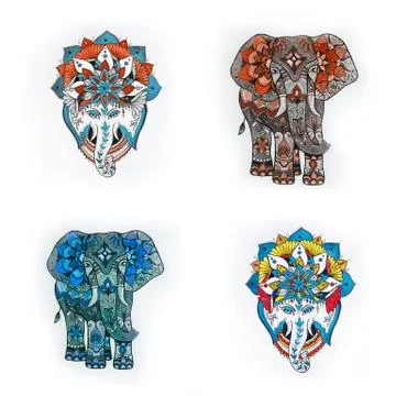 Set of elephant sketches with floral patterns and mandala on a white background. Illustrazione stock