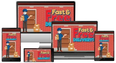 Set of eletronic devices with delivery man on screen Ilustración de archivo