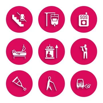 Set Elevator for disabled, Blind human holding stick, Disabled car, Human broken Illustrazione stock