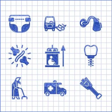 Set Elevator for disabled, Emergency car, Prosthesis leg, Dental implant Stock Illustration