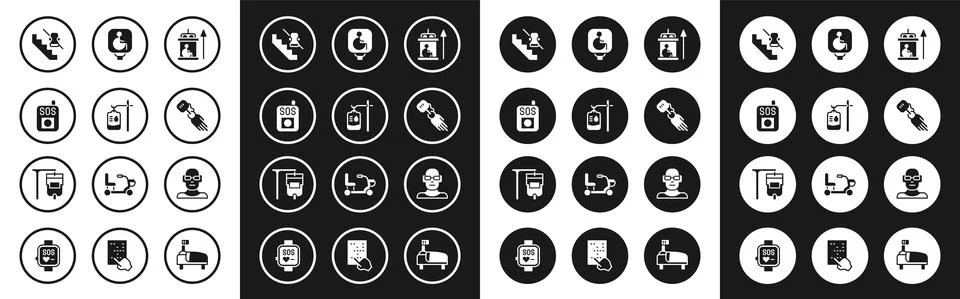 Set Elevator for disabled, IV bag, Press the SOS button, Disabled elevator Stock Illustration