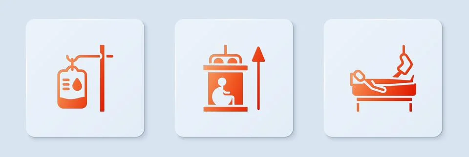 Set Elevator for disabled, IV bag and Patient with broken leg. White square.. Stock Illustration
