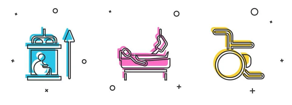 Set Elevator for disabled, Patient with broken leg and Wheelchair icon. Vector Stock Illustration