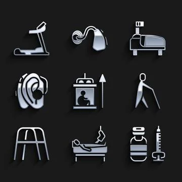 Set Elevator for disabled, Patient with broken leg, Syringe, Blind human holding Stock Illustration