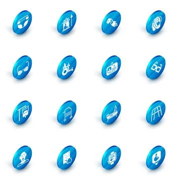 Set Elevator for disabled, Prosthesis hand, Hearing aid, Blind glasses, IV bag Stock Illustration