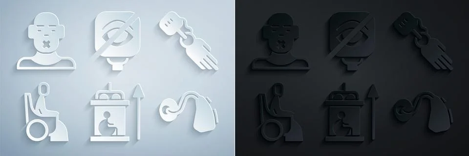 Set Elevator for disabled, Prosthesis hand, Woman in wheelchair, Hearing aid Stock Illustration