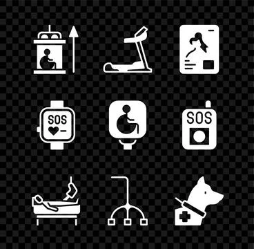 Set Elevator for disabled, Treadmill machine, X-ray shots, Patient with broke Illustrazione stock