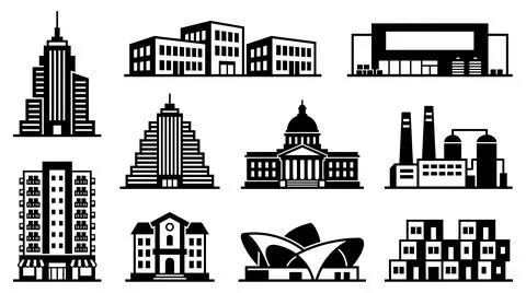 Set of eleven distinct architectural building silhouettes for urban design Stock Illustration