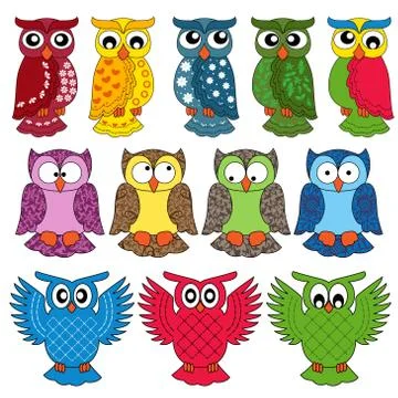 Set of eleven owls Stock Illustration