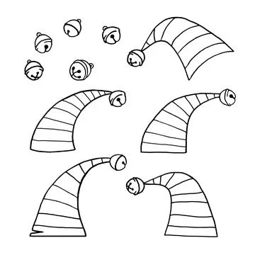 Set of Elf caps with bell, hats. Hand drawn clip art, elements of Christmas a イラスト素材
