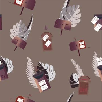Set email concept. Empty and with envelopes mailboxes surrounded by palm leav Stock Illustration
