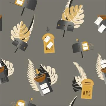 Set email concept. Empty and with envelopes mailboxes surrounded by palm leav Stock Illustration