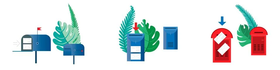 Set email concept. Six mailboxes, empty and with envelopes surro Stock Illustration
