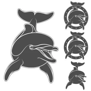 Set of emblem with the logo of a dolphin. Isolated objects on a white. Stock Illustration