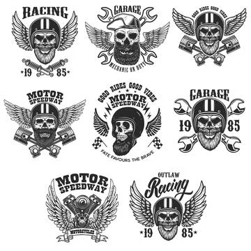 Set of the emblems with bearded skull in racer helmet with wings. Design elem Stock Illustration