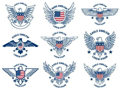 Set of emblems with eagles and usa flags. Design element for poster, emblem,  Stock Illustration