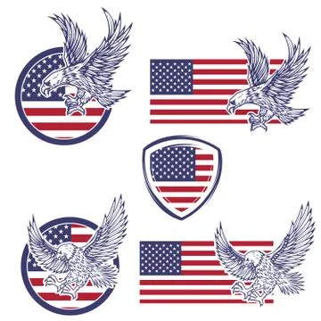 Set of the emblems with eagles on usa flag background. Design el Stock Illustration