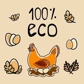 Set of emblems eco chicken egg, hen on nest, organic product Illustrazione stock