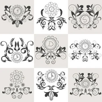 Set of emblems floral ornament Stock Illustration