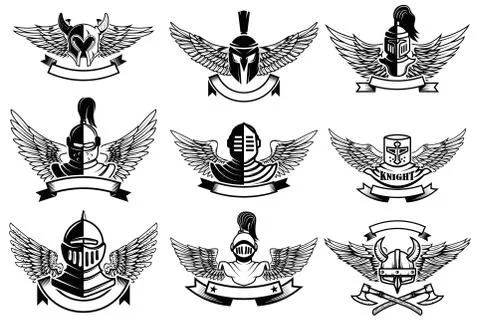 Set of emblems with helmets and wings. Design elements for label Stock Illustration