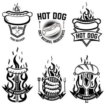 Set of emblems with hot dog. Design element for emblem, sign, poster, badge. Stock Illustration