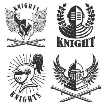 Set of the emblems with knights helmets and swords. Design eleme Stock Illustration