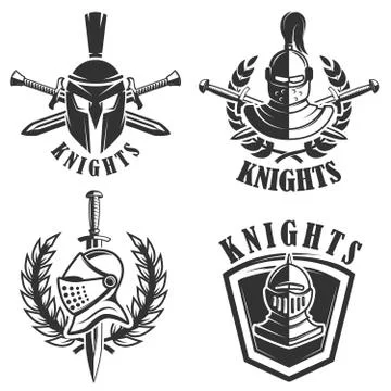 Set of the emblems with knights helmets and swords. Design eleme Stock Illustration