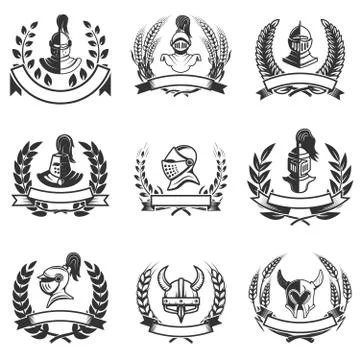 Set of the emblems with knights helmets and swords. Design eleme Illustrazione stock