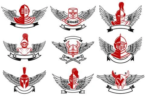 Set of the emblems with knights helmets and swords. Design eleme Stock Illustration