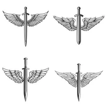 Set of emblems with medieval sword and wings. Design element for logo, label, Stock Illustration