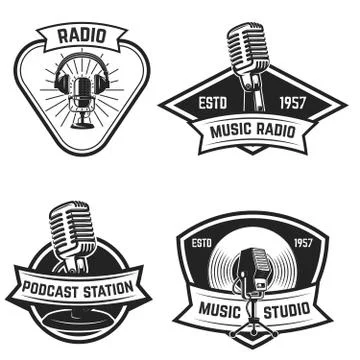 Set of  emblems with old style microphone isolated on white back Stock Illustration